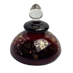 Italian Hand Decorated Ruby Red & Gold Vintage Perfume Bottle with Clear Stopper